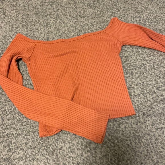 cute off shoulder orange ribbed top - Picture 2 of 5